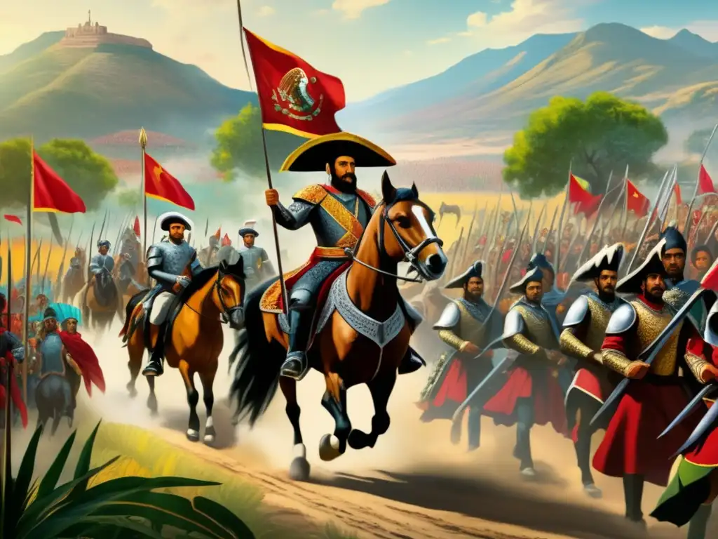 Hernán Cortés, conquistador en México, avanza con su tropa entre la exuberante naturaleza, mientras los indígenas lo observan con asombro y temor