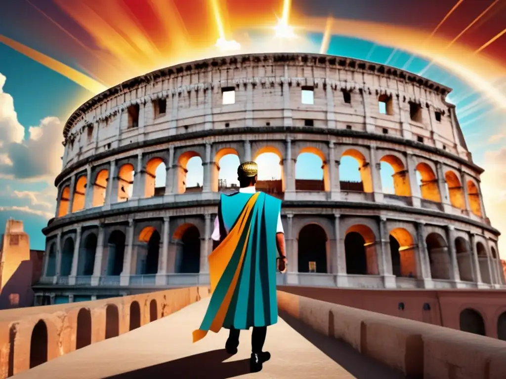 Constantino unifica el imperio bajo el cristianismo, con el Coliseo romano de fondo y rayos de sol iluminando la escena