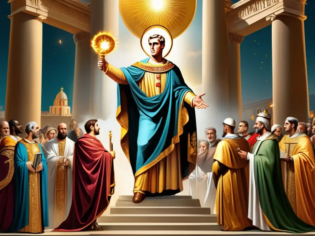 Constantino ascendiendo al poder, rodeado de figuras influentes de la iglesia cristiana temprana, emitiendo sus decretos religiosos