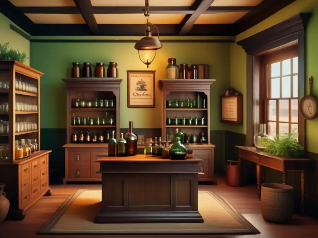 Consulta médica colonial: Detalles auténticos y cálida iluminación En una consulta médica colonial, un doctor atiende a un paciente entre estantes repletos de botellas y hierbas medicinales