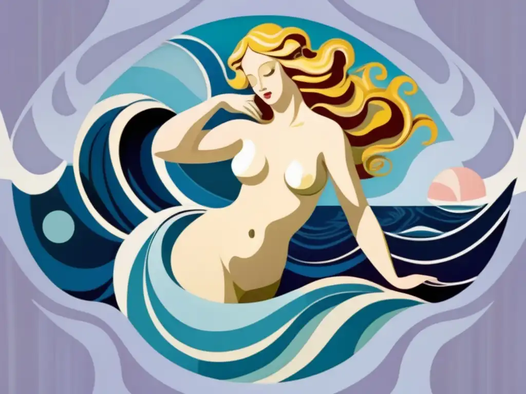 Una reinterpretación contemporánea de 'El nacimiento de Venus' de Botticelli, con colores modernos y figuras estilizadas