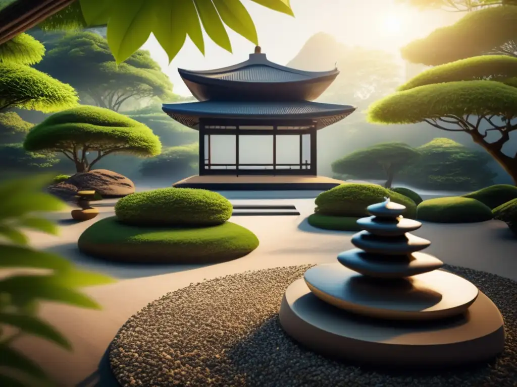 Un jardín Zen contemporáneo con influencia de Dogen Zenji: grava meticulosamente rastrillada, rocas y vegetación exuberante