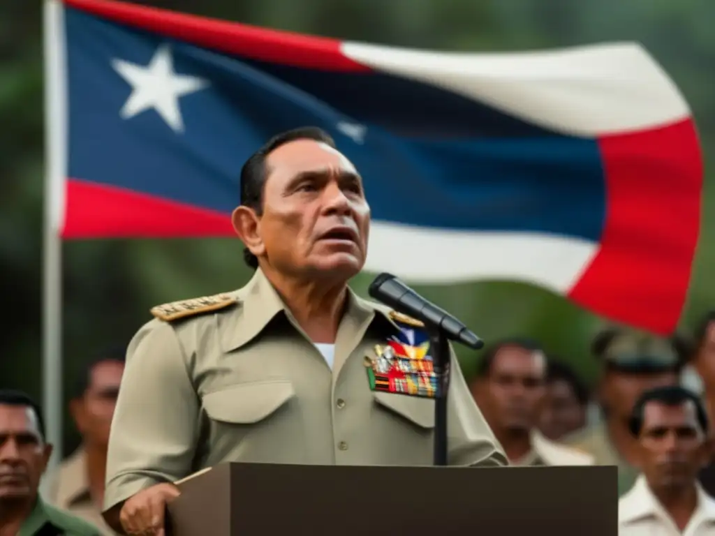 Manuel Noriega, líder controvertido, en un discurso ante una multitud, con la bandera de Panamá de fondo