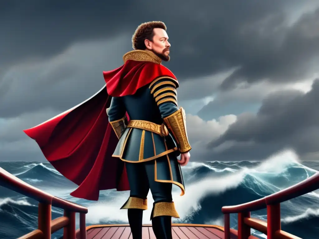 Sir Francis Drake en el convulso mar, con su armadura y capa roja al viento