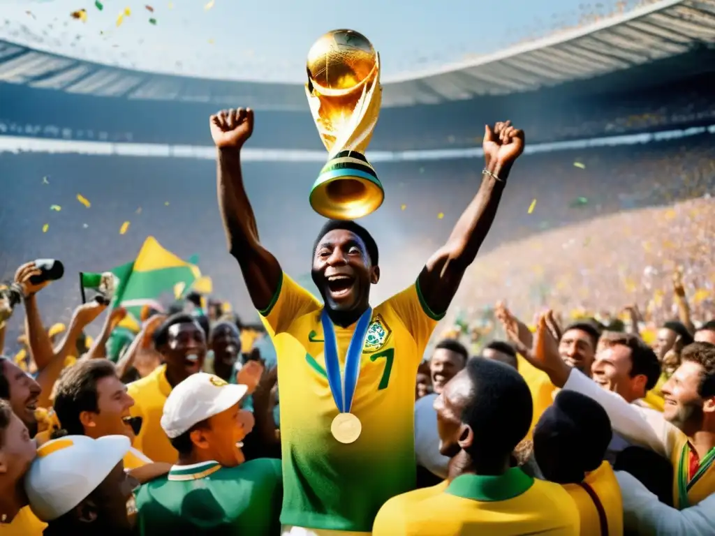 Pelé levantando la Copa del Mundo rodeado de fans y compañeros, capturando la euforia y el impacto de Vidas notables de líderes deportivos
