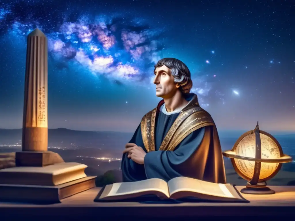 Copérnico y su legado: Imagen detallada de Copérnico contemplando el cielo estrellado, rodeado de herramientas astronómicas y manuscritos antiguos