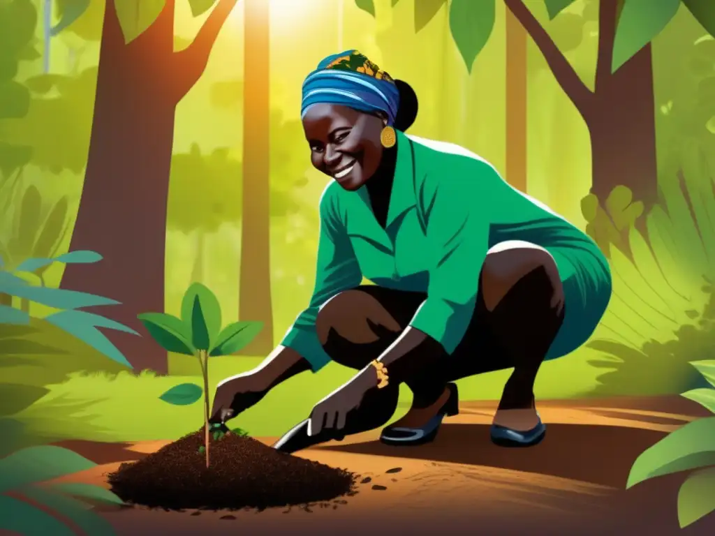 En el corazón del exuberante bosque, Wangari Maathai planta un árbol con determinación y pasión