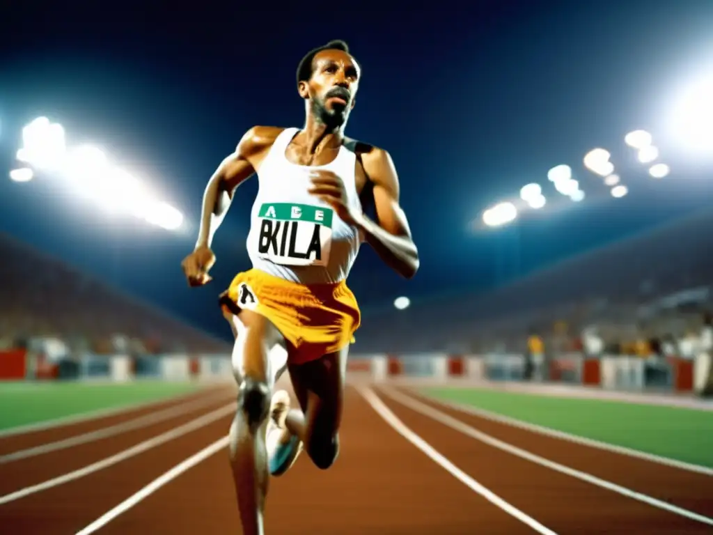 Abebe Bikila corredor descalzo en la pista, músculos poderosos, determinación y atmósfera electrizante de su histórica victoria olímpica