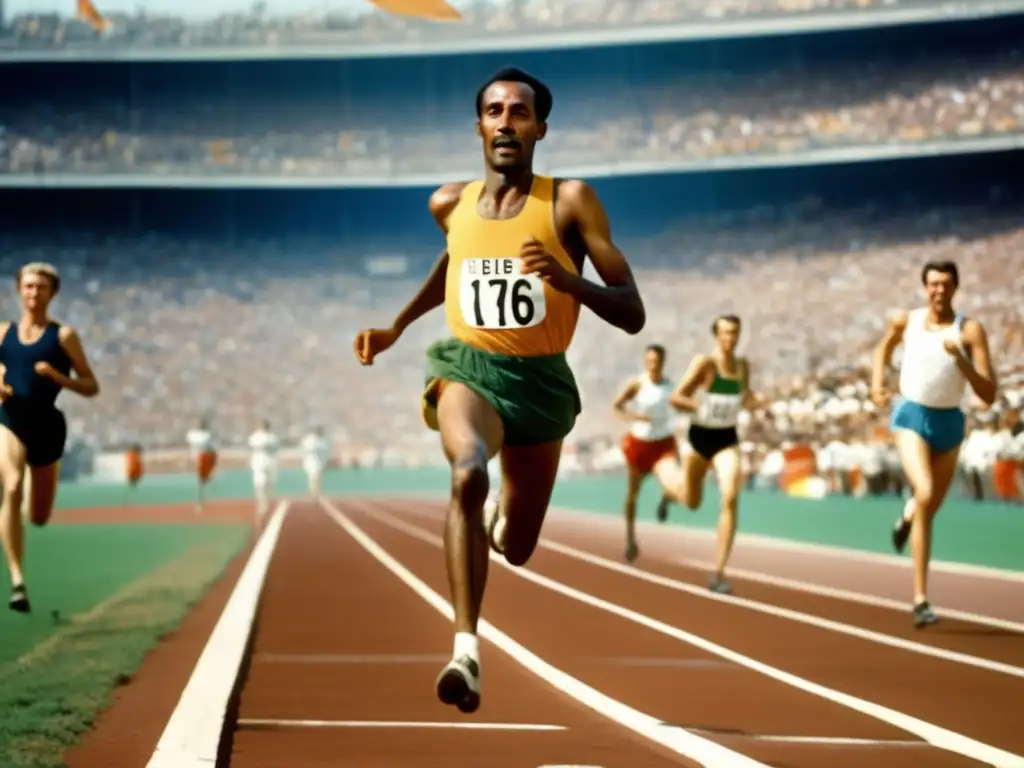 Abebe Bikila corredor descalzo en la pista durante las Olimpiadas de Roma 1960, capturando su gracia y determinación