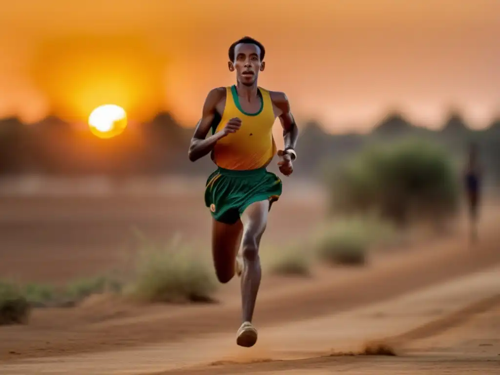 Abebe Bikila corredor descalzo, rodeado de una atmósfera dorada al correr con determinación en una pista de tierra al atardecer