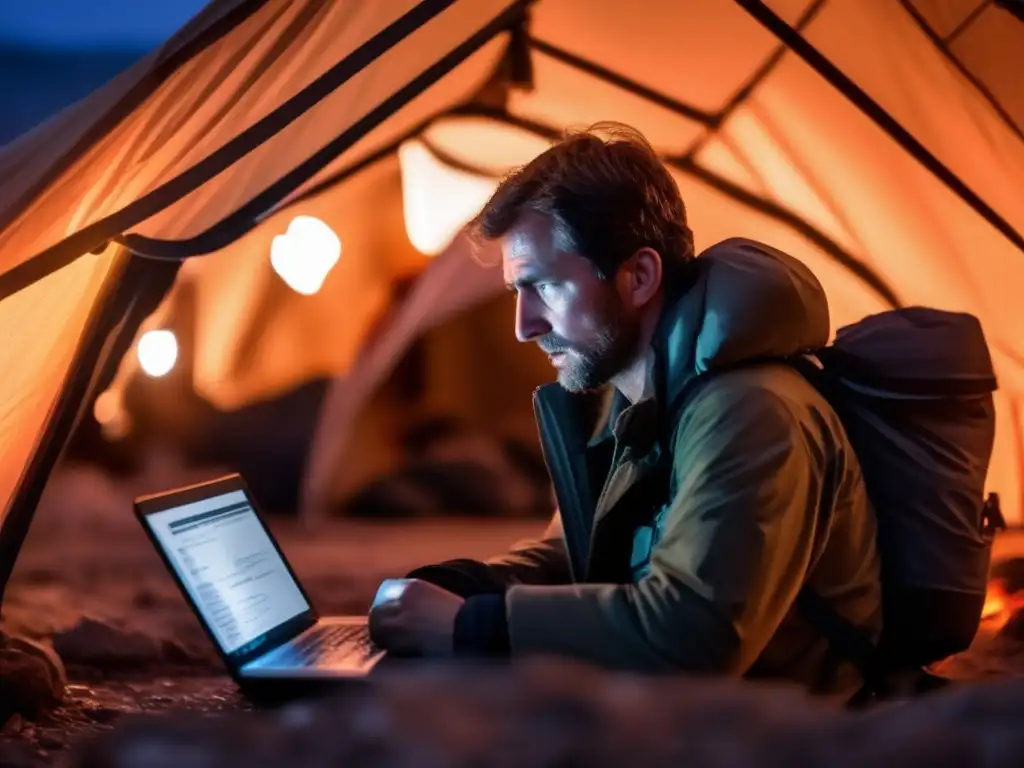 Un corresponsal de guerra escribe con fervor en su refugio improvisado, iluminado por la pantalla de su computadora en una zona de conflicto