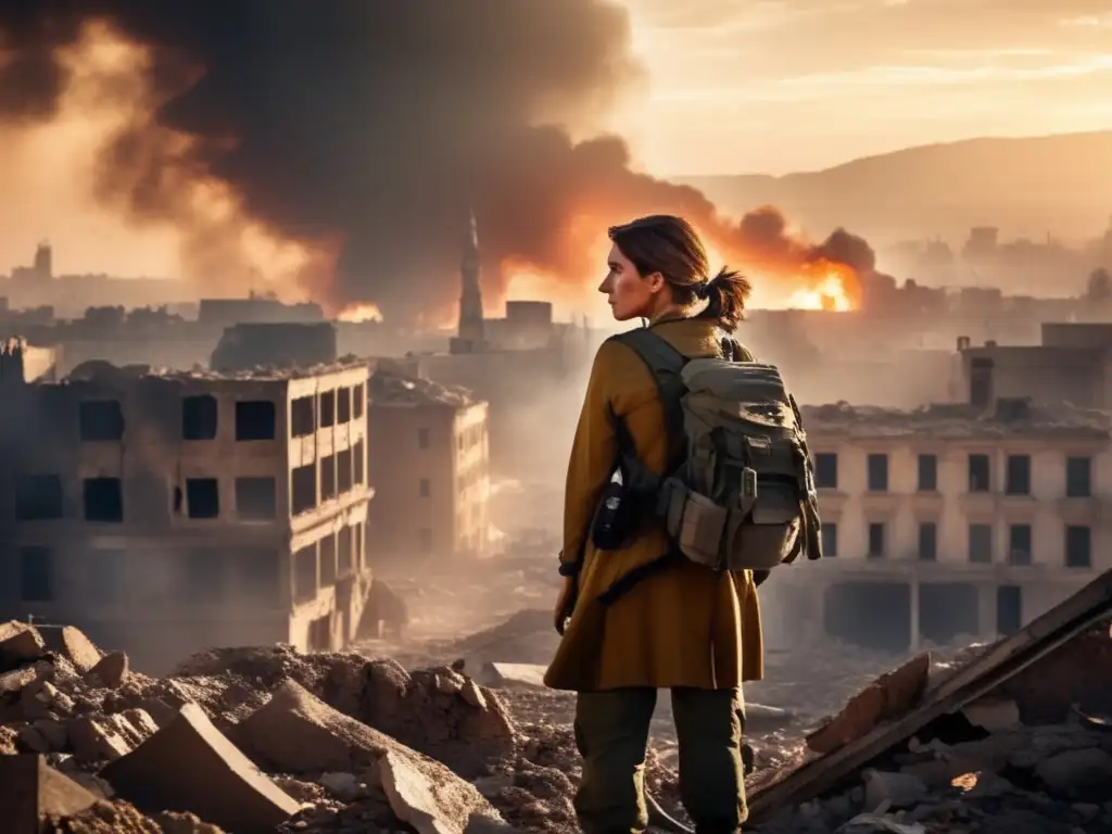 Una corresponsal de guerra, Lara Logan, observa el horizonte entre escombros en una ciudad devastada, transmitiendo valentía y determinación
