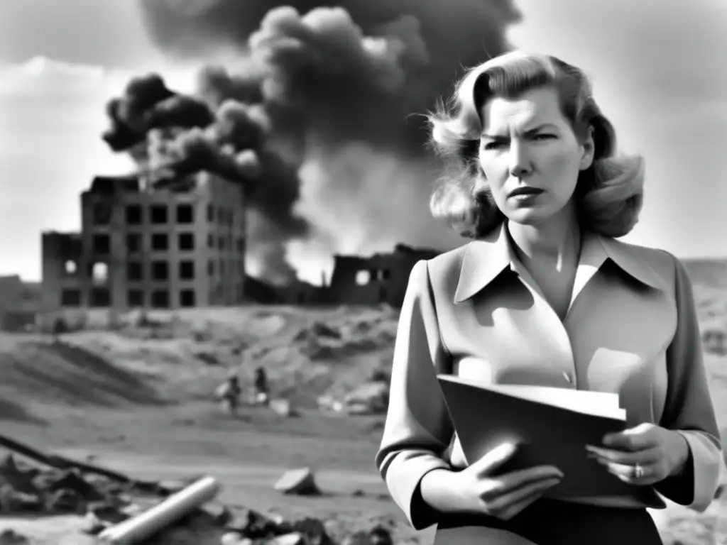 Martha Gellhorn corresponsal de guerra, en medio de la devastación, con expresión determinada y reflexiva, lista para informar