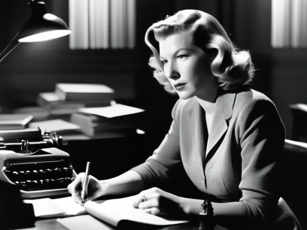 Martha Gellhorn corresponsal guerra periodismo escribiendo con determinación en una habitación tenue, rodeada de papeles y cuadernos