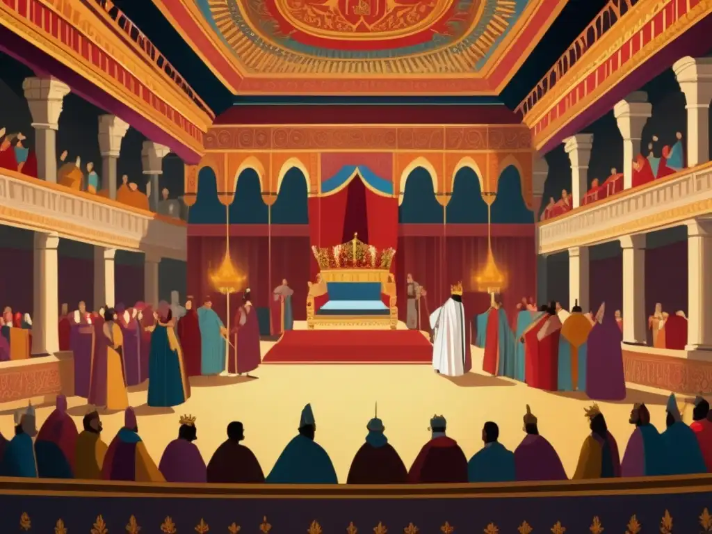 En la corte de la Fundación de Francia Medieval Merovingia, el rey y sus nobles se reúnen en una escena opulenta y vibrante