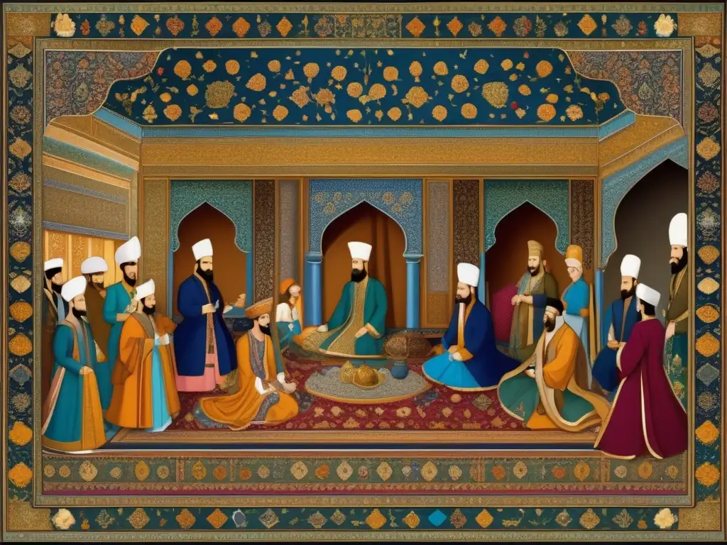 En una ilustración de la corte real de la dinastía Safávida en 8k, se aprecian detalles elaborados y opulentos