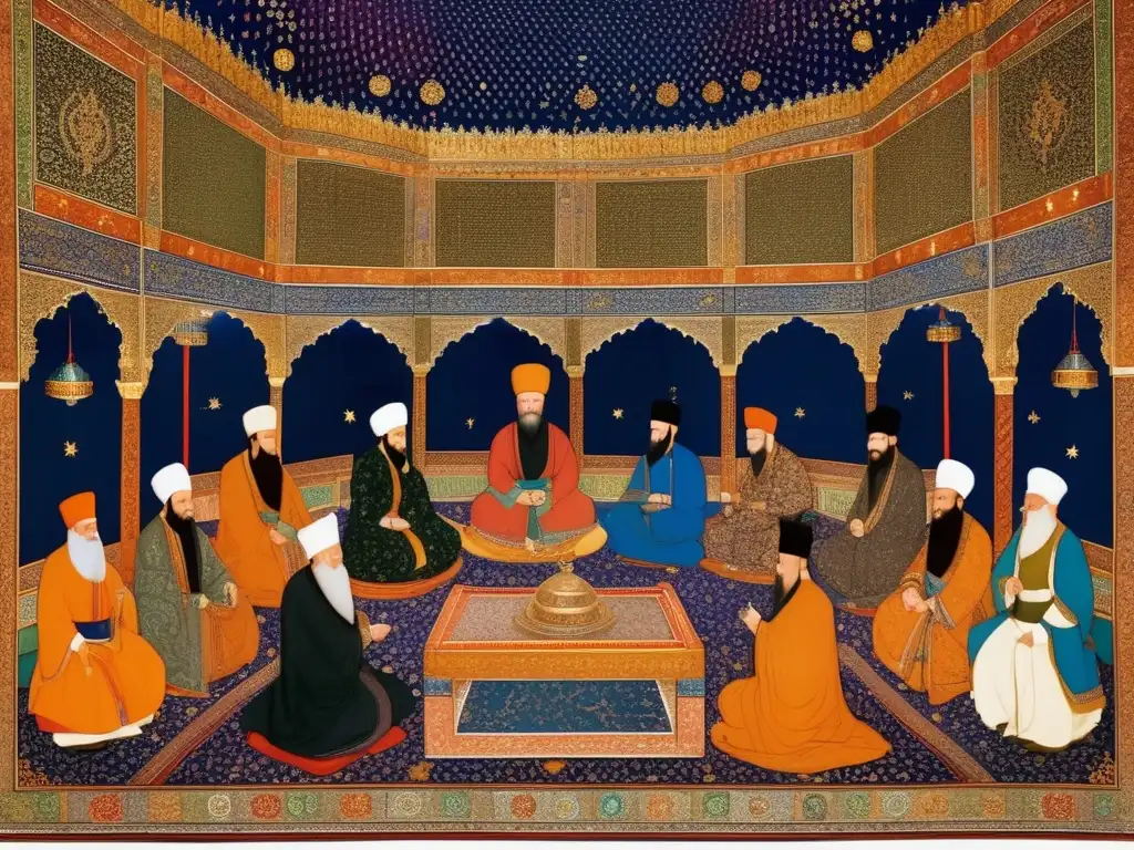 En la corte timúrida, Ulugh Beg reina en un trono suntuoso, rodeado de eruditos y astrónomos