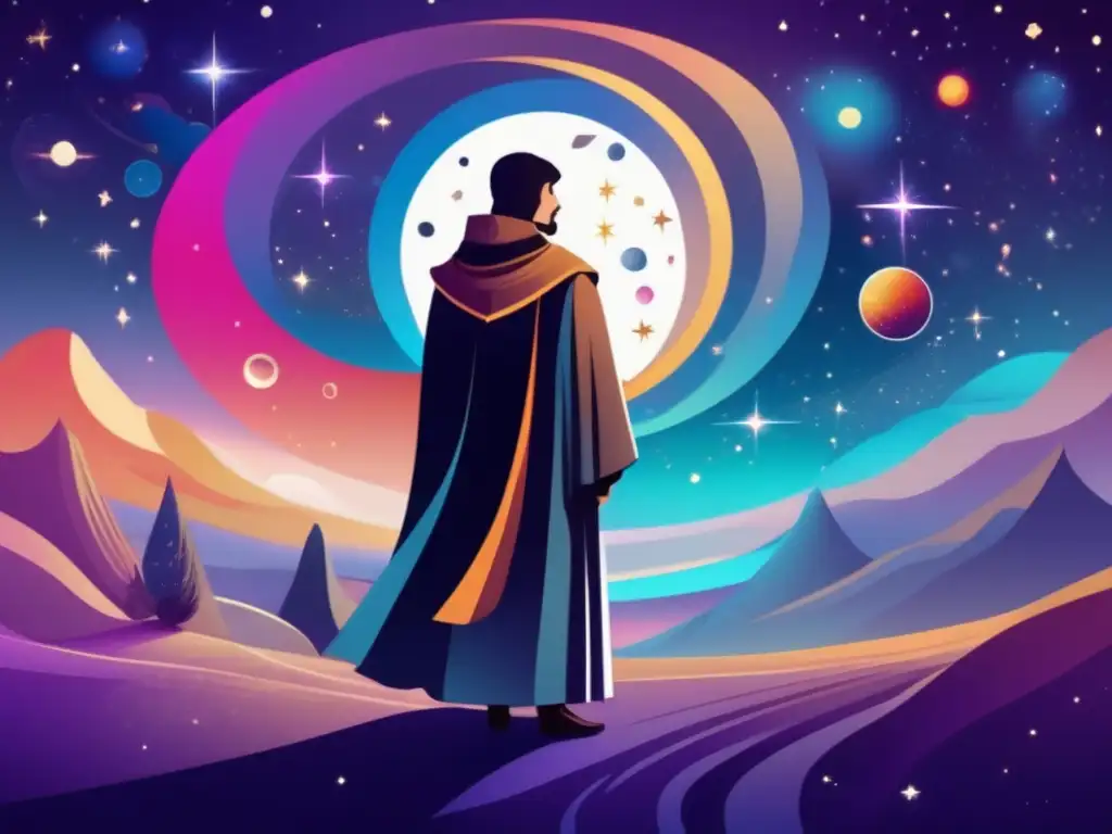 En la ilustración, Giordano Bruno contempla el cosmos con asombro y determinación