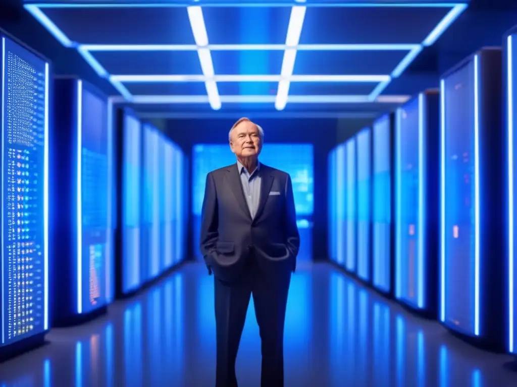 Seymour Cray, pionero de la informática, reflexiona frente a su supercomputadora, rodeado de tecnología futurista y pantallas brillantes