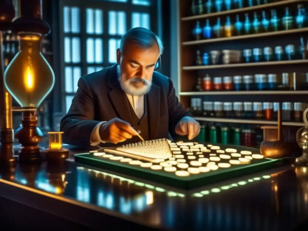 Dmitri Mendeléyev, en la creación de la tabla periódica, iluminado por una lámpara de gas