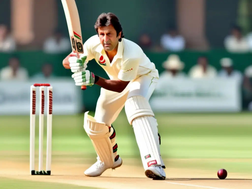 Imran Khan en el cricket: Joven jugador en el campo con determinación y liderazgo