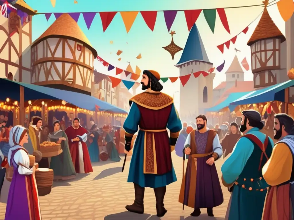 Rodolfo el Cronista disfruta de las tradiciones festivas medievales en un bullicioso mercado rodeado de coloridos trajes y puestos de mercado