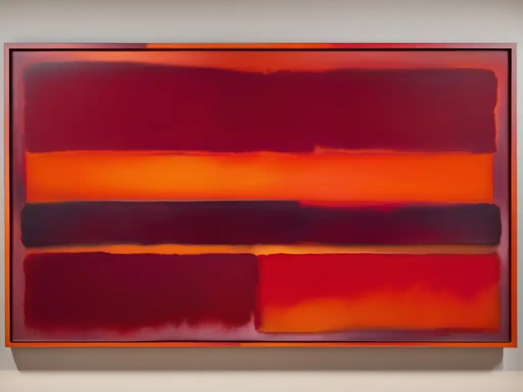 Un cuadro abstracto de Mark Rothko con intensos tonos de rojo, naranja y granate, evocando emoción y contemplación