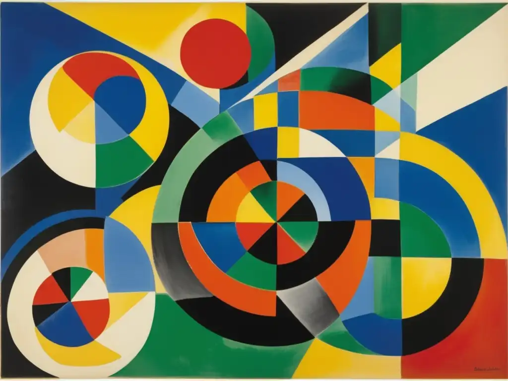 Un cuadro abstracto vibrante y dinámico de Sonia Delaunay, con formas geométricas audaces y una paleta de colores animada que capta la esencia del movimiento orfista