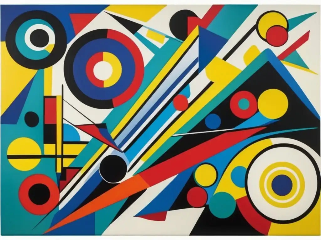 Geometría vibrante: Pintura abstracta con energía y movimiento Un cuadro abstracto vibrante y geométrico que evoca el espíritu de los Pioneros del Arte Abstracto Ruso con colores y formas dinámicas