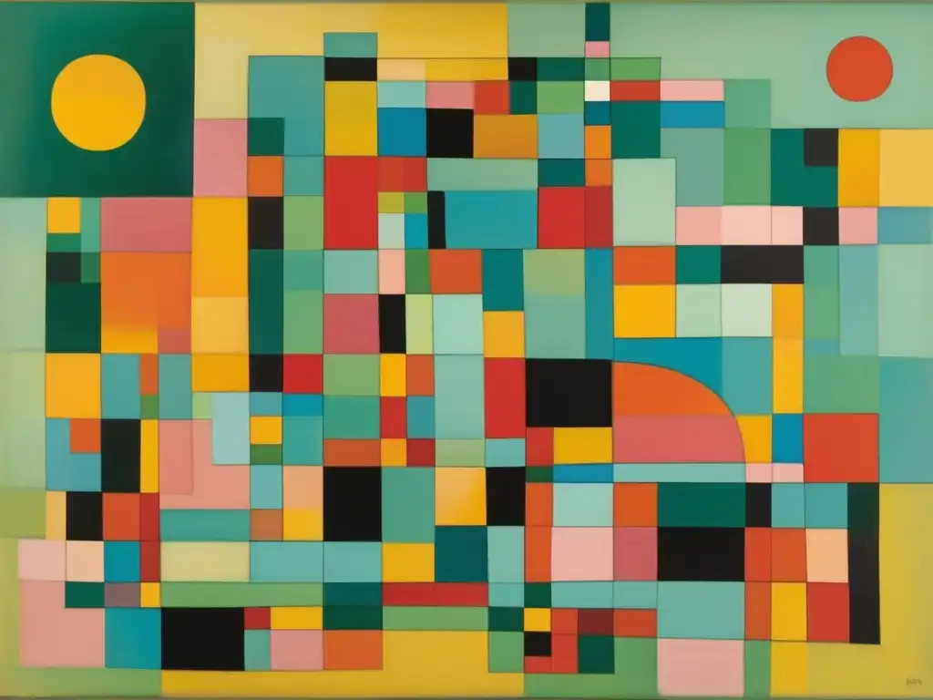 Un cuadro abstracto vibrante con influencia de Paul Klee en el Expresionismo Surrealista, lleno de formas geométricas y colores llamativos