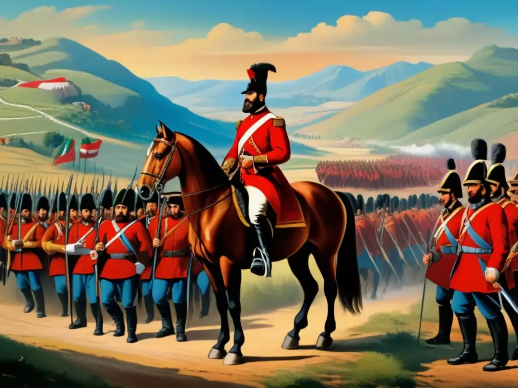 Un cuadro detallado en 8k de Giuseppe Garibaldi liderando su ejército durante la unificación de Italia, con colores vibrantes que representan las primeras etapas de su viaje revolucionario