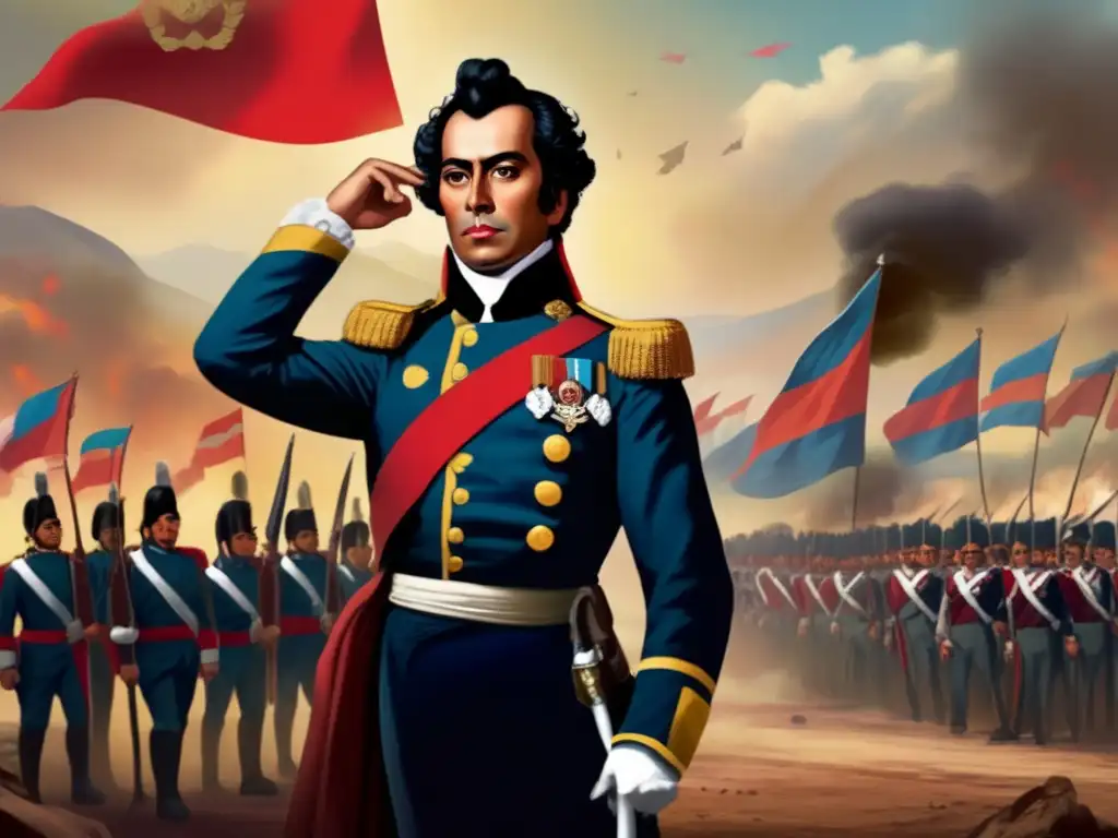 Un cuadro digital de Simón Bolívar en la batalla, con soldados y revolucionarios detrás