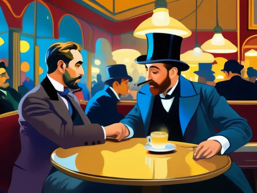 Cuadro digital detallado en 8k de Toulouse Lautrec en un animado café de Montmartre durante la Belle Époque, capturando la atmósfera bohemia