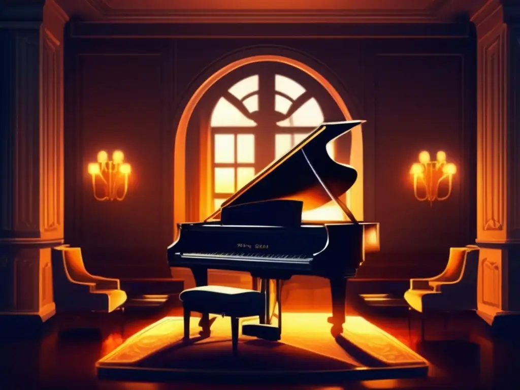 Un cuadro digital de una habitación con un piano de cola como centro