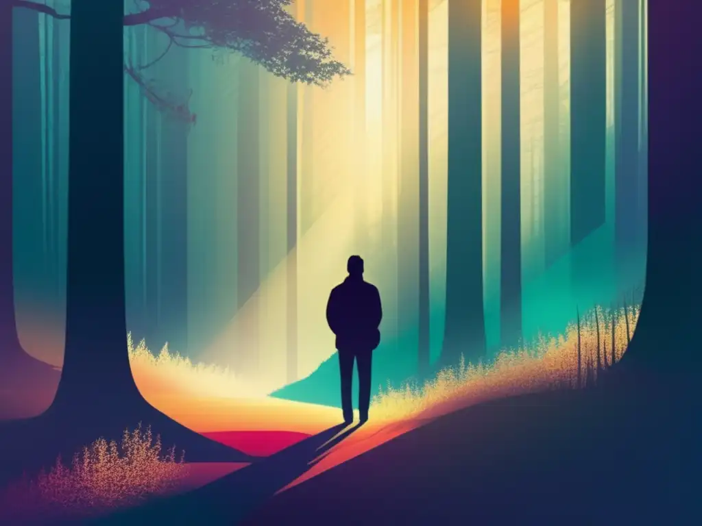 Un cuadro digital moderno muestra una figura solitaria en el borde de un bosque neblinoso, sumergido en reflexiones existenciales