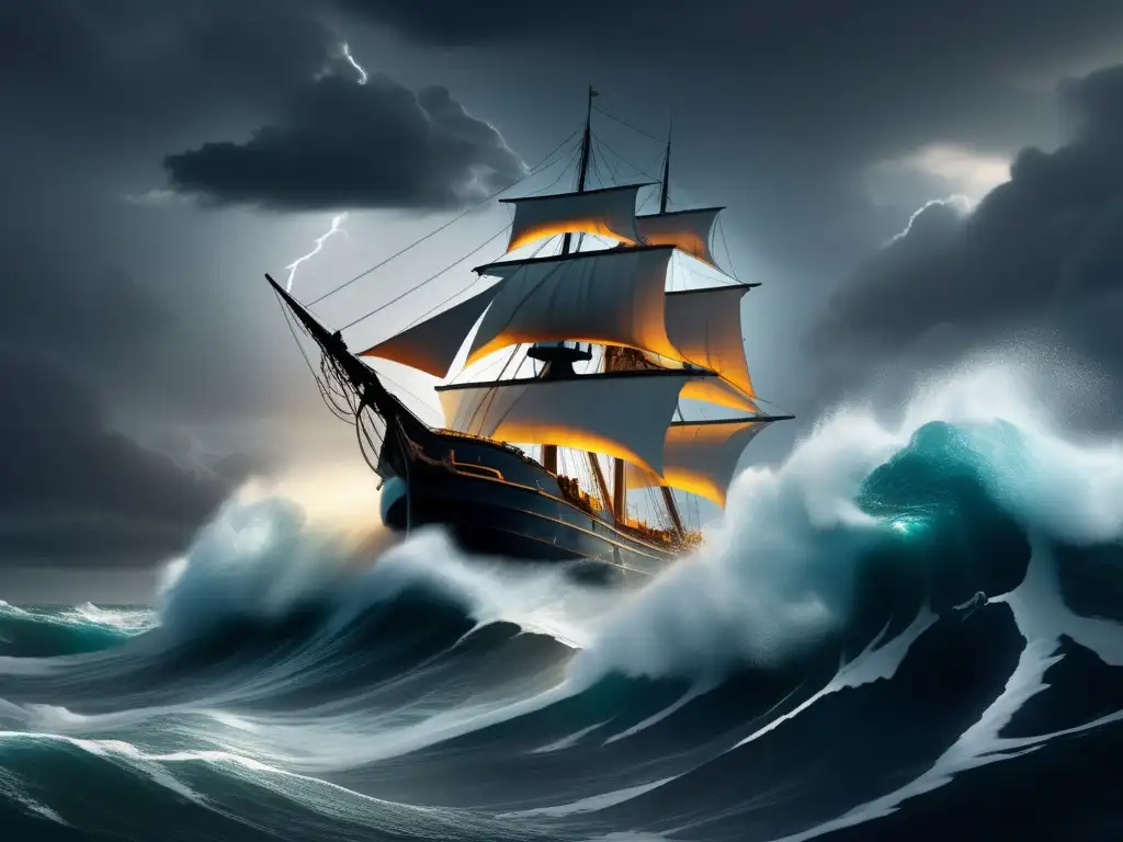 En el cuadro digital, una nave solitaria enfrenta el mar tormentoso bajo un dramático haz de luz