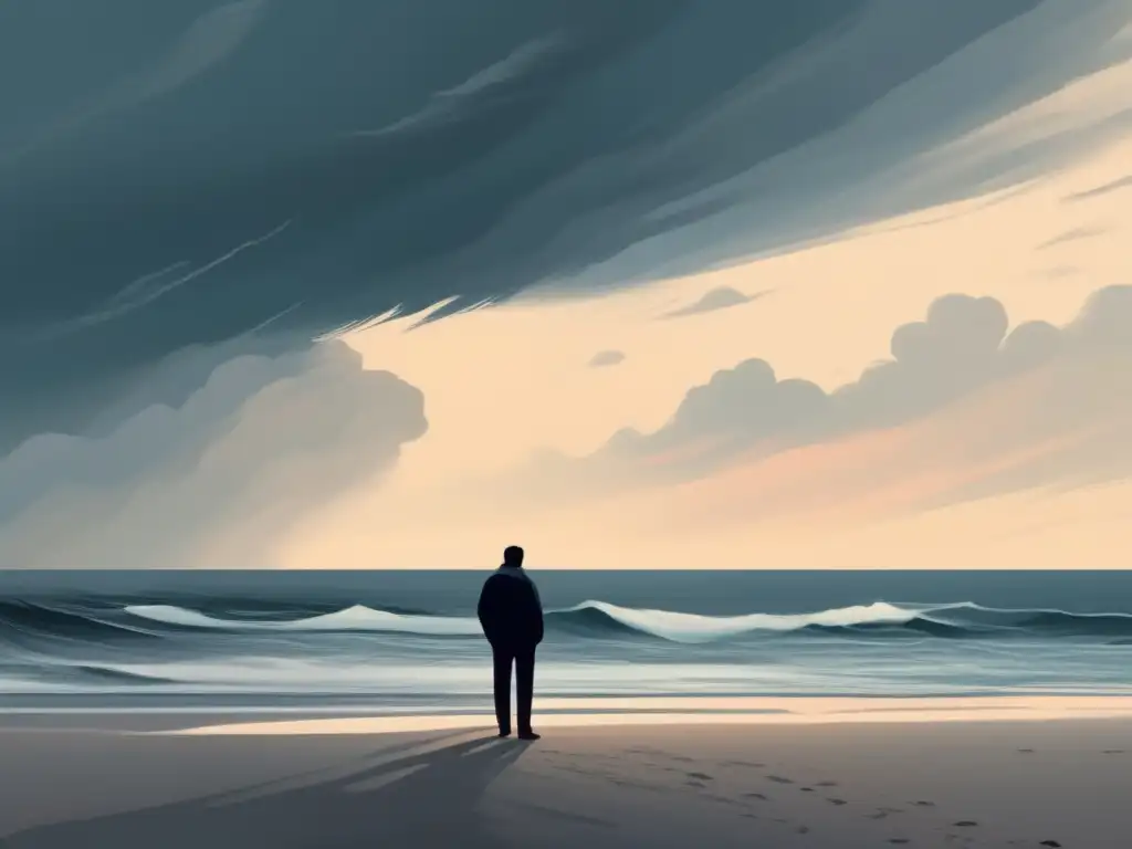 Un cuadro digital de alta resolución muestra a una figura solitaria en una playa desolada, contemplando el mar tumultuoso bajo un cielo sombrío