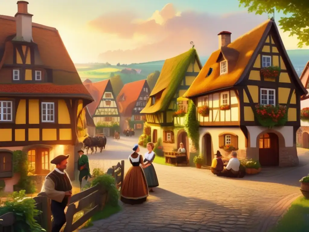 Un cuadro digital de alta resolución muestra un pintoresco pueblo alemán con casas de entramado de madera y calles empedradas