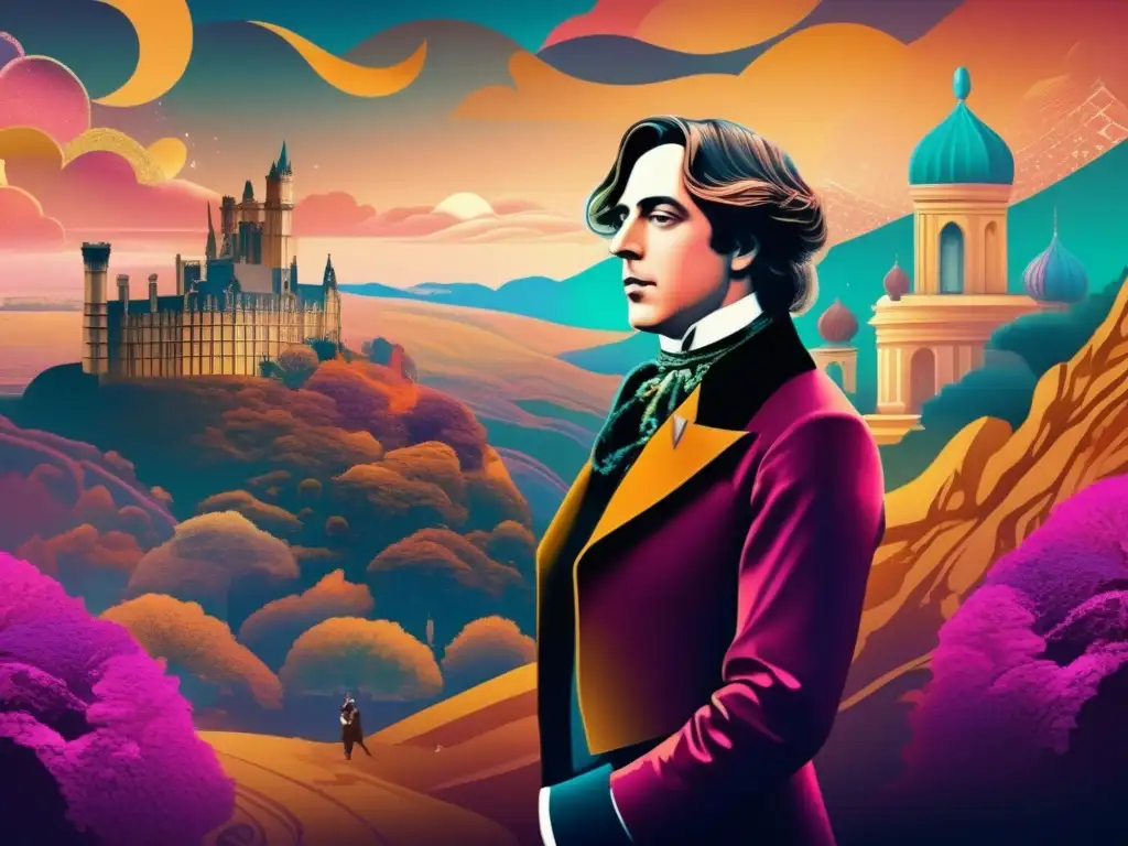 Un cuadro digital de alta resolución muestra una representación surrealista de Oscar Wilde rodeado de opulenta belleza irreal