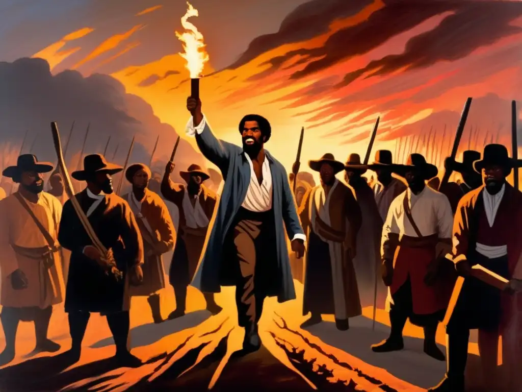 Un cuadro de Nat Turner liderando una procesión religiosa, con expresiones intensas y dramática iluminación