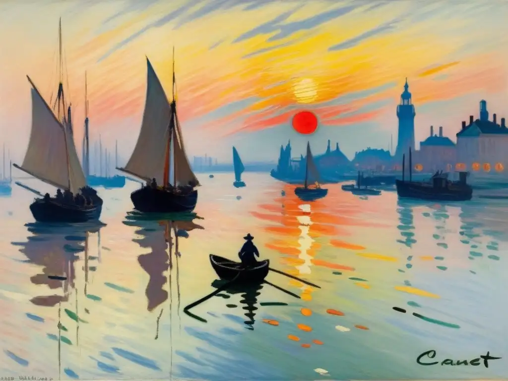 Un cuadro de alta resolución y ultradetallado de 'Impresión, sol naciente' de Claude Monet, capturando la atmósfera tranquila y dinámica del puerto de Le Havre al amanecer