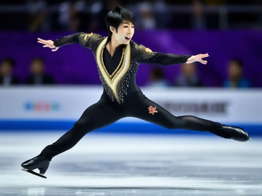 Yuzuru Hanyu ejecuta un cuádruple salto, reflejando su influencia artística en el patinaje