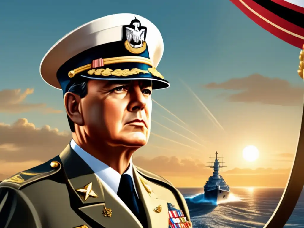Desde la cubierta de un acorazado, el Comandante Supremo MacArthur observa con determinación el Pacífico