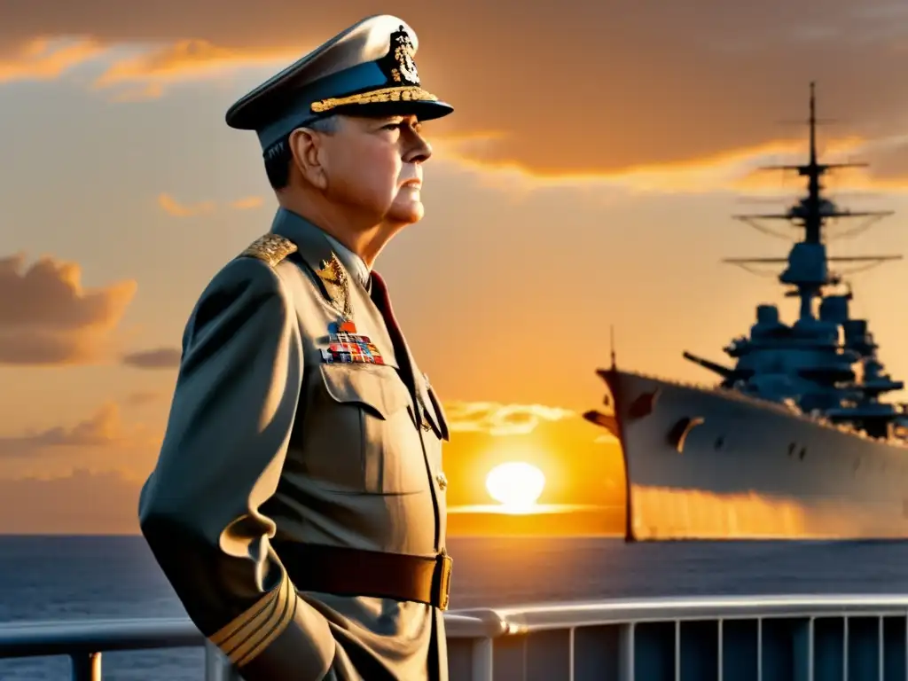 Desde la cubierta de un acorazado, el Comandante Supremo MacArthur observa el horizonte al atardecer, con el Pacífico como telón de fondo