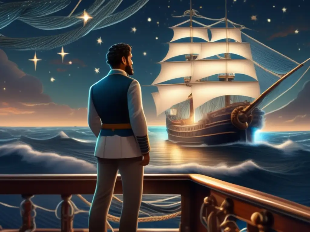 En la cubierta de un barco, Cristóbal Colón contempla el vasto océano en una noche estrellada