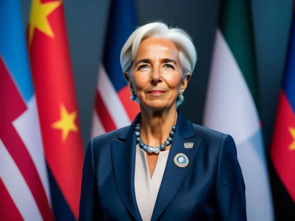 Christine Lagarde lidera con determinación en la cumbre de líderes mundiales, proyectando autoridad y confianza, con traje moderno y fondo de banderas