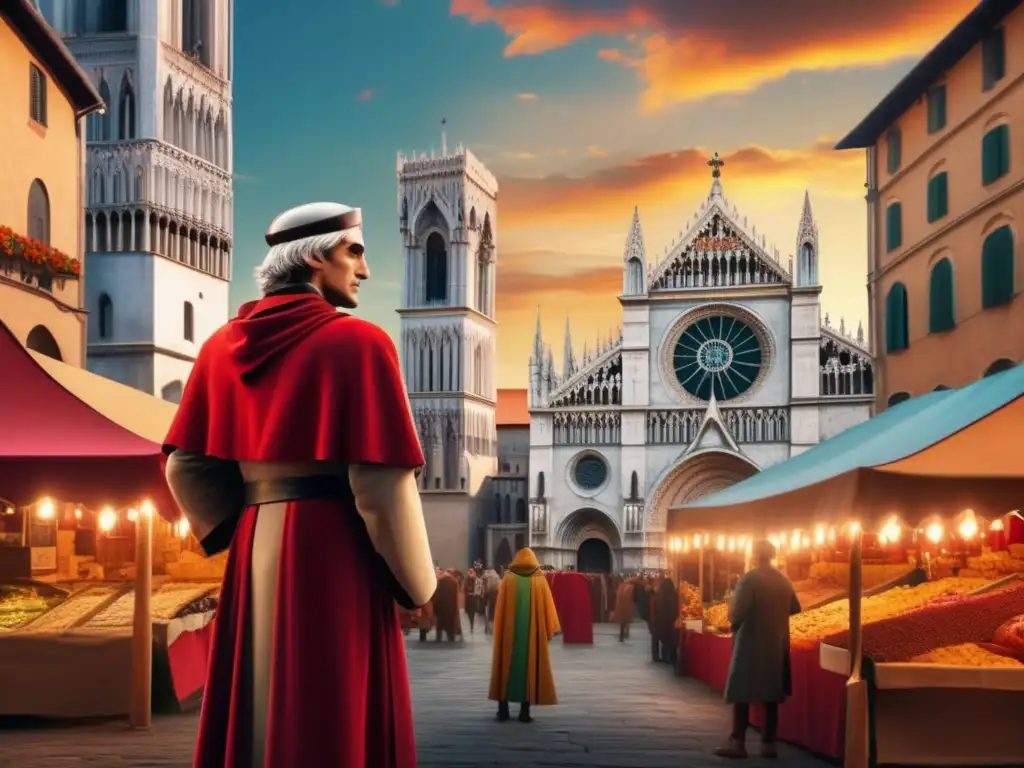 Dante Alighieri en una ciudad medieval, sosteniendo 'La Divina Comedia', rodeado de arquitectura gótica
