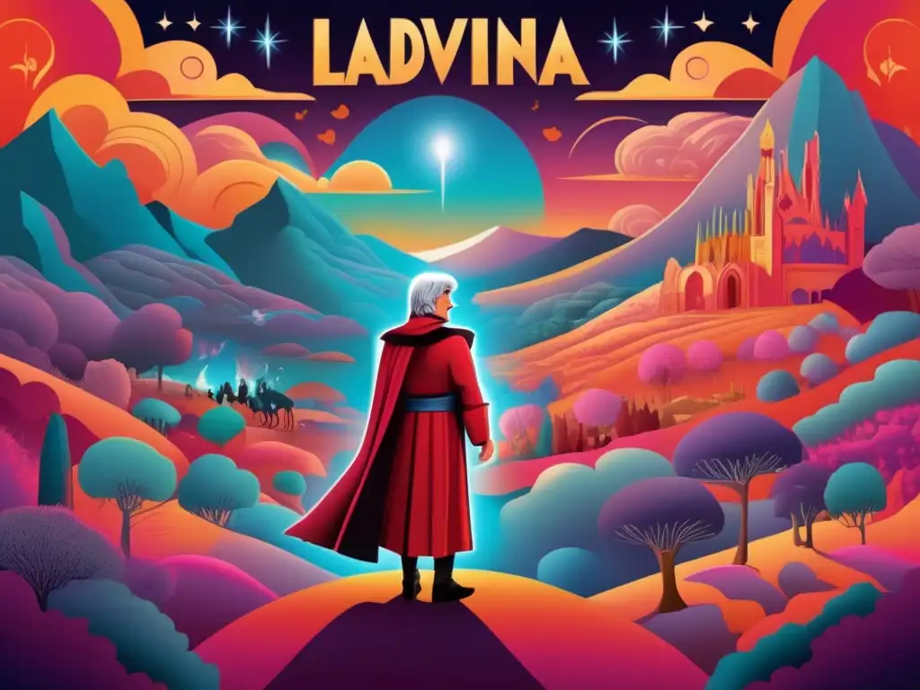 Un Dante Alighieri en colores ricos, rodeado de escenas de 'La Divina Comedia', en un paisaje místico