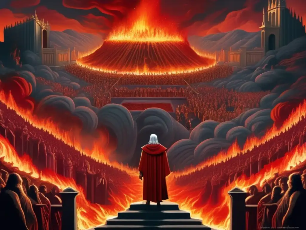 Dante Alighieri contempla la interpretación moderna de la Divina Comedia mientras las almas atormentadas lo rodean en el paisaje infernal
