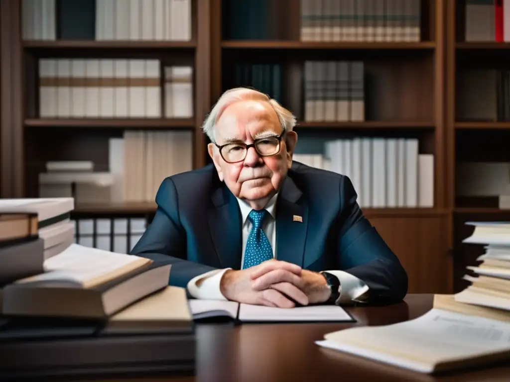 Warren Buffett analiza datos financieros en su oficina moderna y luminosa, reflejando su filosofía de inversión